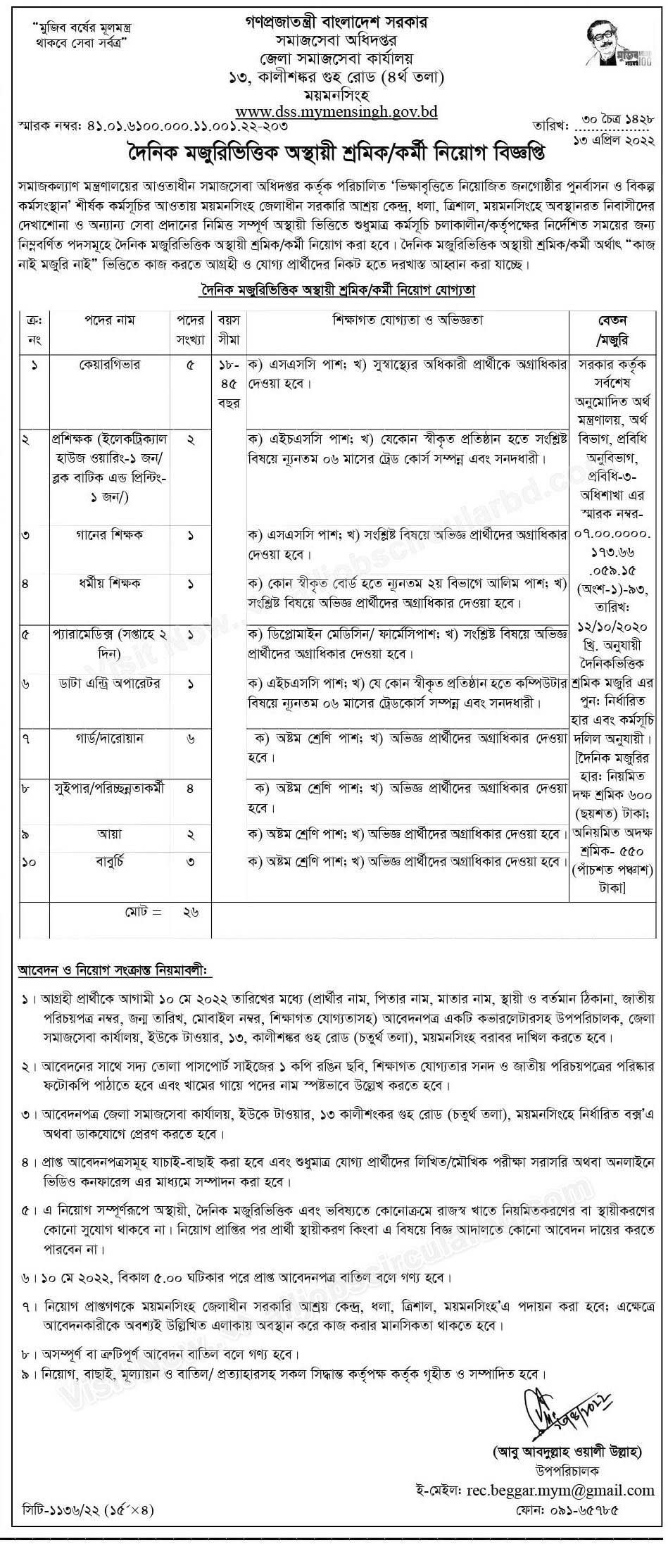 সমাজকল্যাণ মন্ত্রণালয় নিয়োগ বিজ্ঞপ্তি ২০২২