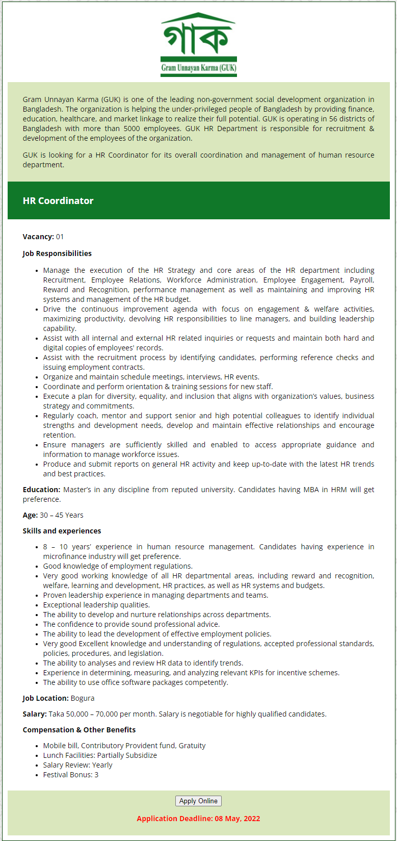 Gram Unnayan Karma Job Circular 2022 (GUK)