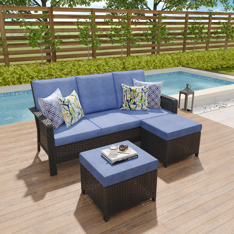 3-Piece Hand Woven Wicker Patio Seating Group with Blue Cushions