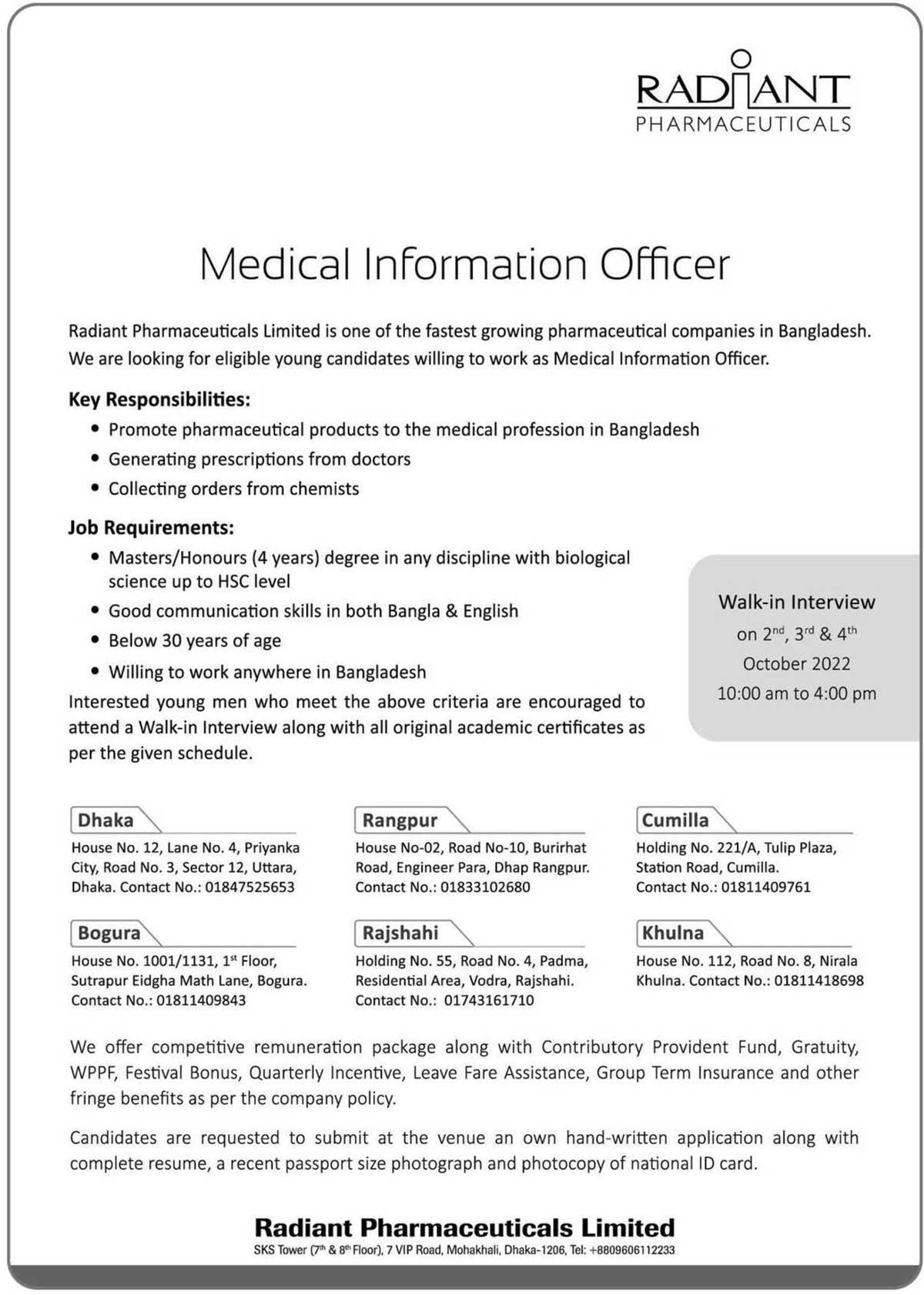 Radiant Pharmaceuticals Limited job Circular 2022