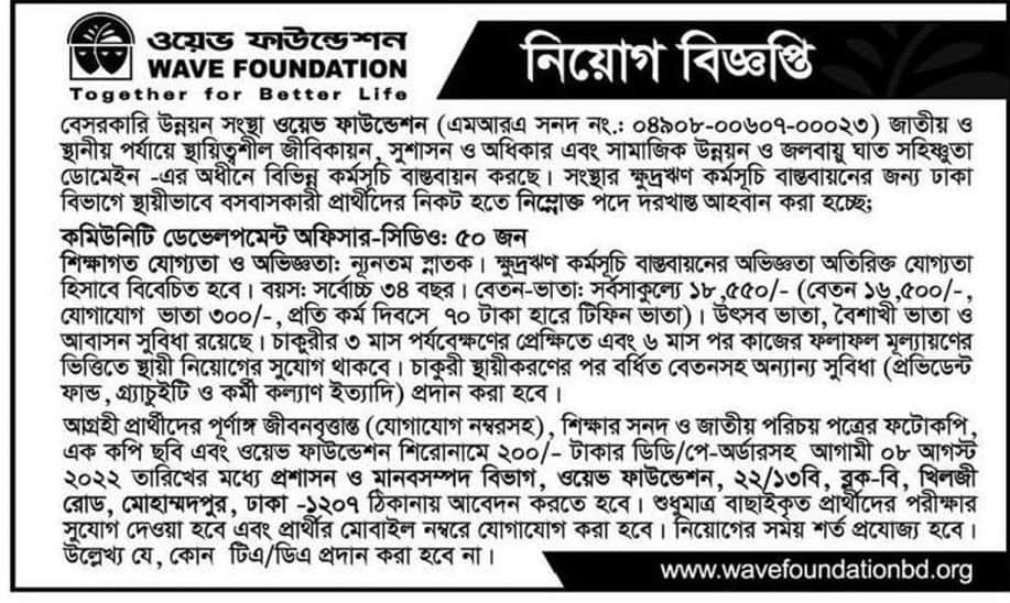 ওয়েভ ফাউন্ডেশন নিয়োগ বিজ্ঞপ্তি ২০২২