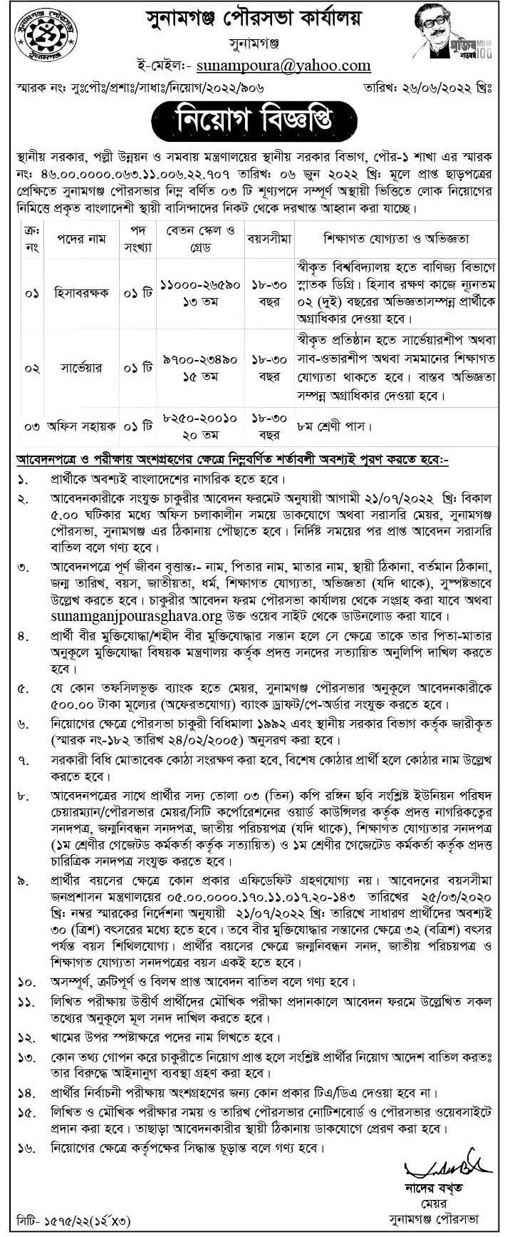 পৌরসভা কার্যালয় নিয়োগ বিজ্ঞপ্তি ২০২২