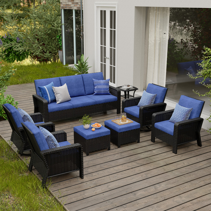 8-Piece Hand Woven Wicker Patio Conversation Set with Blue Cushions