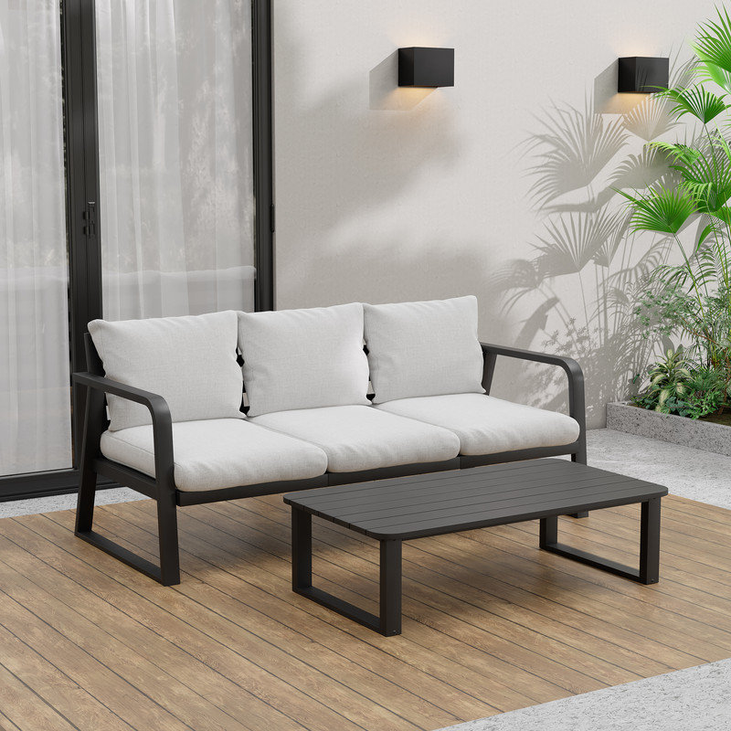 Aluminum Patio 3-Person Sofa with Coffee Table and Gray Cushions