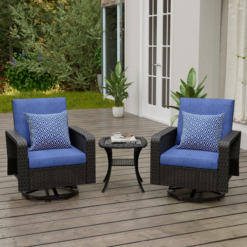 3-Piece Hand Woven Wicker Patio Seating Group with Blue Cushions