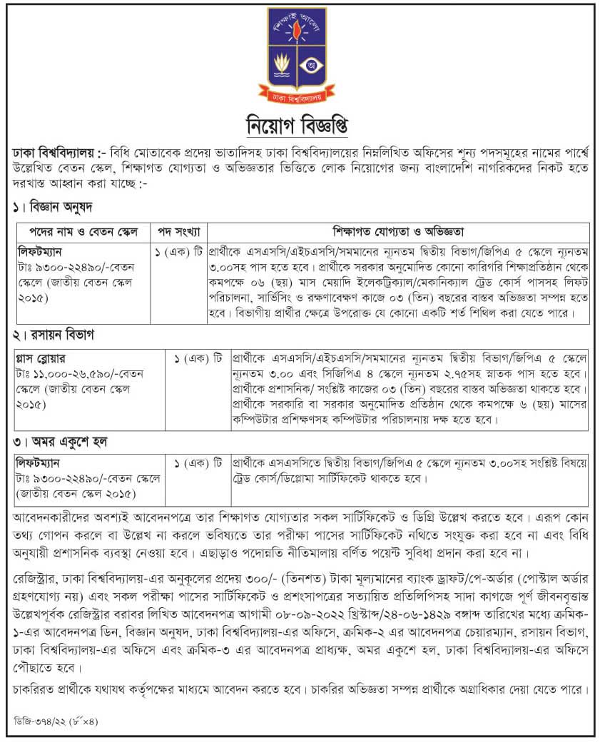 ঢাকা বিশ্ববিদ্যালয় নিয়োগ বিজ্ঞপ্তি ২০২২