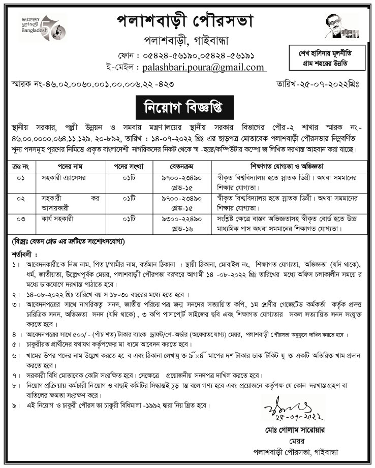পৌরসভা কার্যালয় নিয়োগ বিজ্ঞপ্তি ২০২২