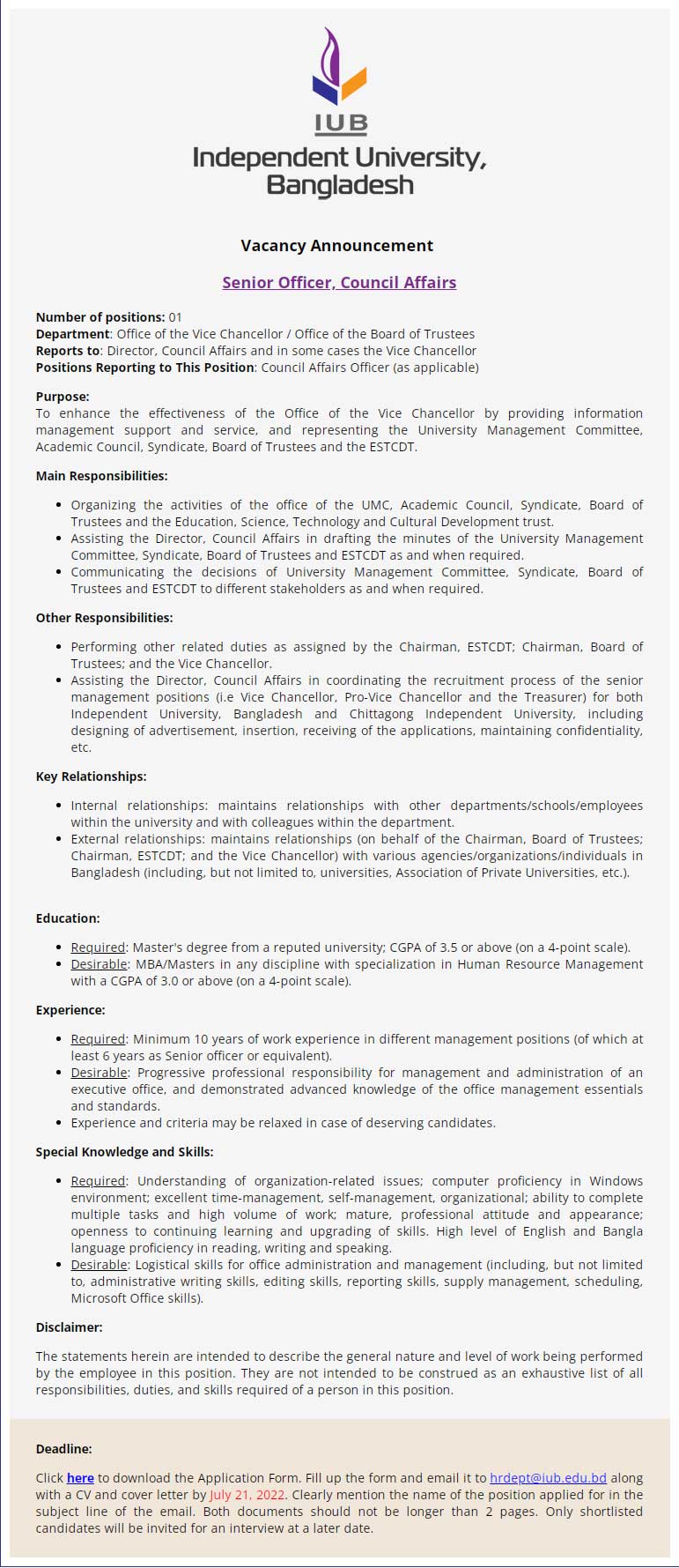 Independent University Bangladesh Job Circular 2022