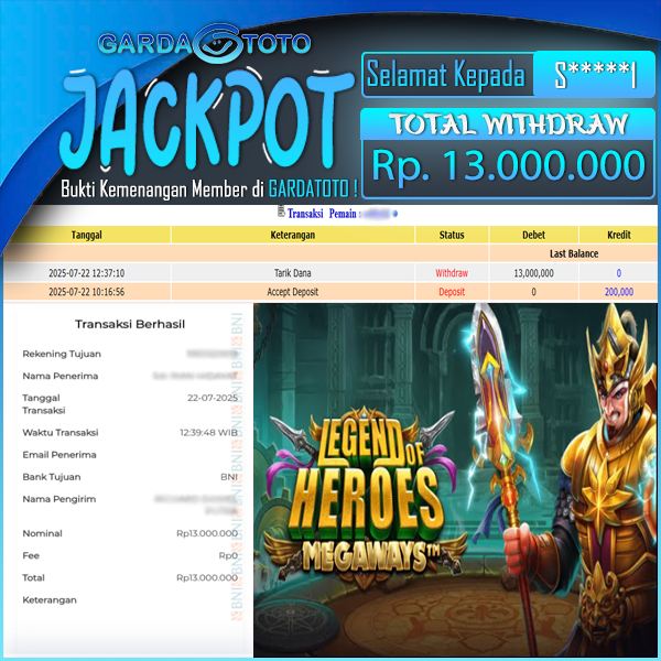 JACKPOT SLOT MAIN DI SLOT LEGEND OF HEROES MEGAWAYS WD Rp 13.000.000,- DIBAYAR LUNAS GARDATOTO