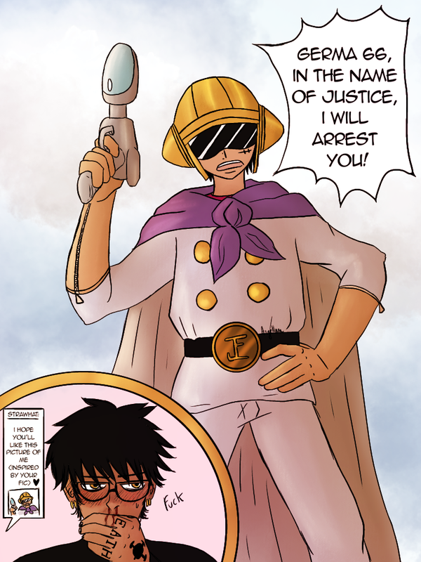 Page 8. Colored illustration of Luffy cosplaying Sora. It's a photo he sent to Dr Heartstealer, the fanfic author, who is actually Law. Law reacts by getting a nosebleed.