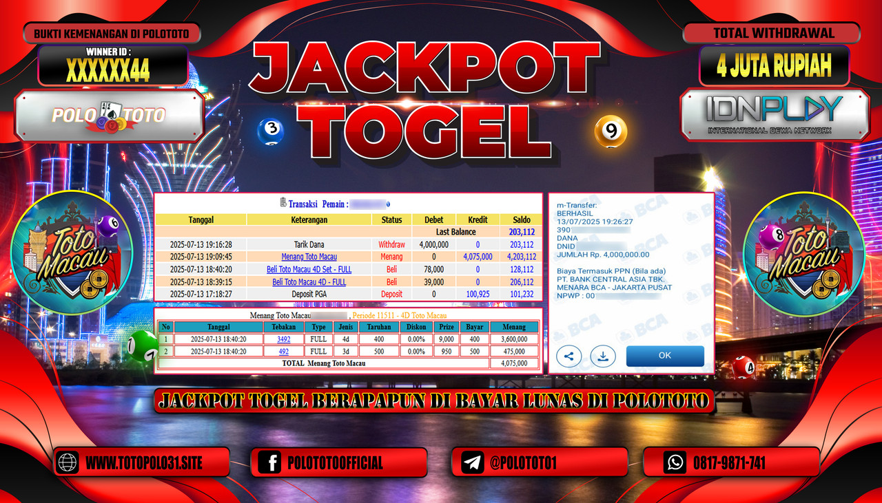 POLOTOTO JACKPOT TOGEL TOTO MACAU Rp.4.000.000,- LUNAS