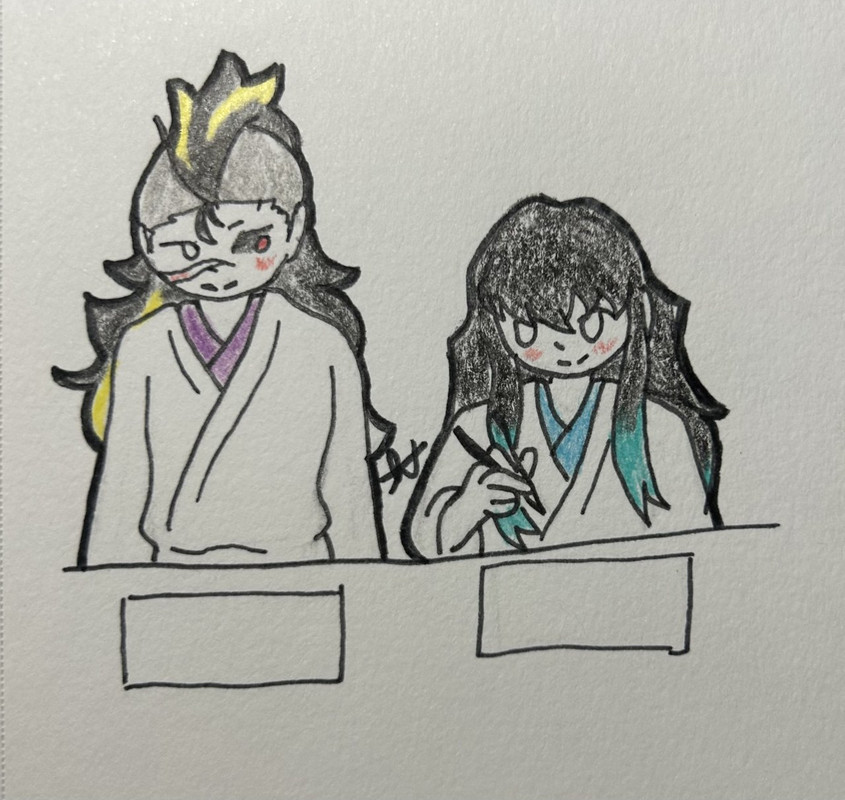 genya and muichiro looking at each other while in front of a table