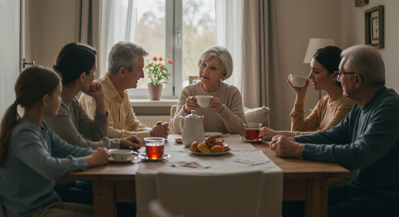 Семейное чаепитие нескольких поколений за большим столом