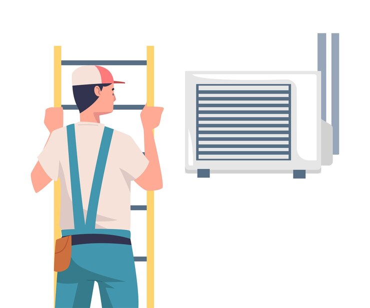 A man stands on a ladder beside an air conditioner, preparing to perform maintenance or installation work.