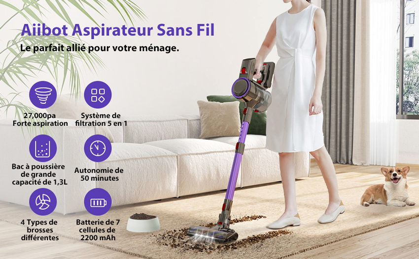 160€ sur Aspirateur Balai Sans Fil 27,000Pa / 230AW, 50min d'Autonomie, 6  en 1 Multifonction, Aspirateur Balai Puissant avec Écran Tactile LED,  Capacité 1.3L, Filtre HEPA H13 Lavable, Aspirateur sans Sac pour