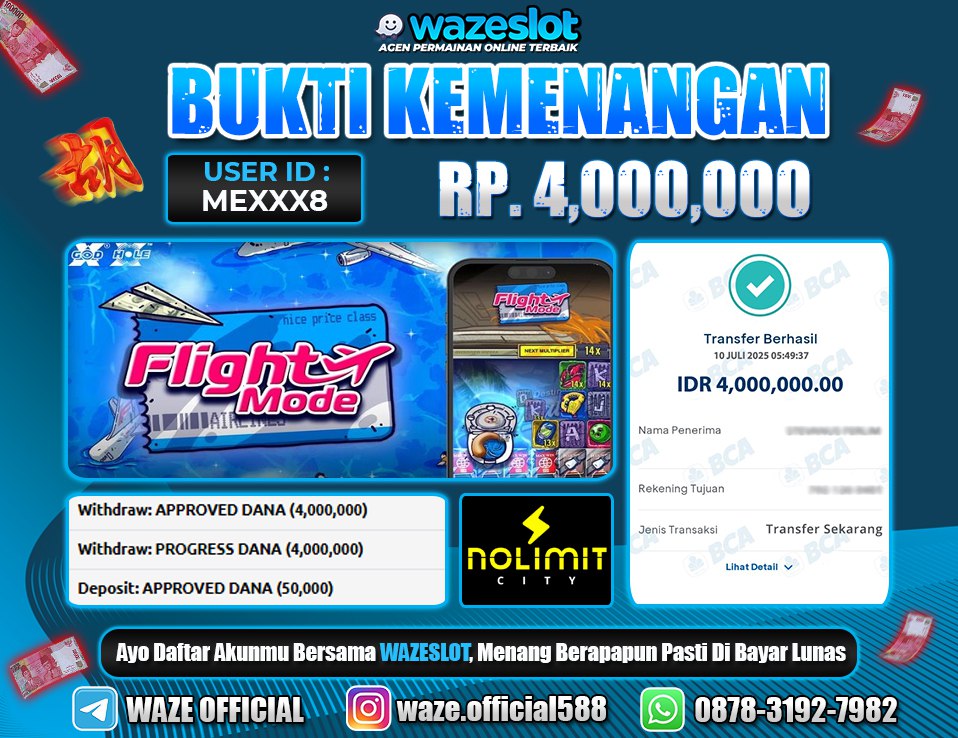 BUKTI KEMENANGAN 10 JULI 2025 DI GAME FLIGHT MODE ( NOLIMIT CITY )