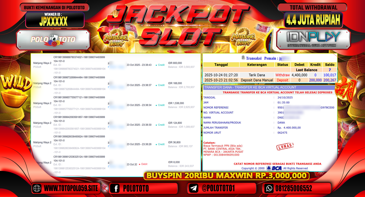 POLOTOTO JACKPOT SLOT MAHJONG WAYS 2 Rp.4.400.000,- LUNAS