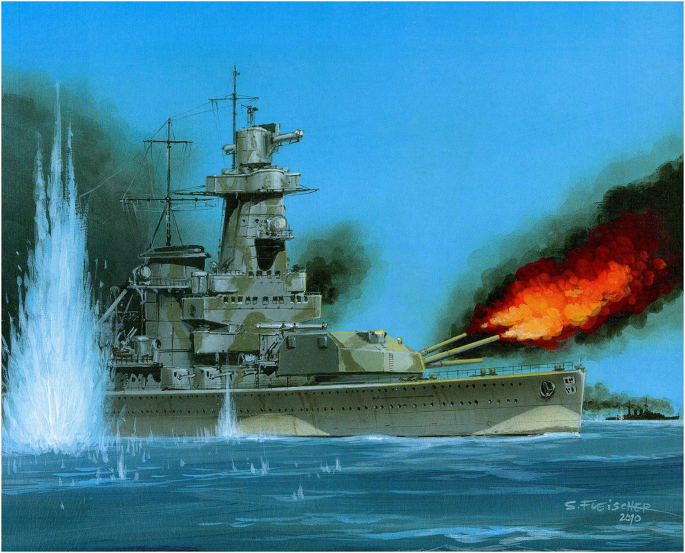 El Graf Spee durante el combate del Río de la Plata. Al fondo aparece el HMS Exeter