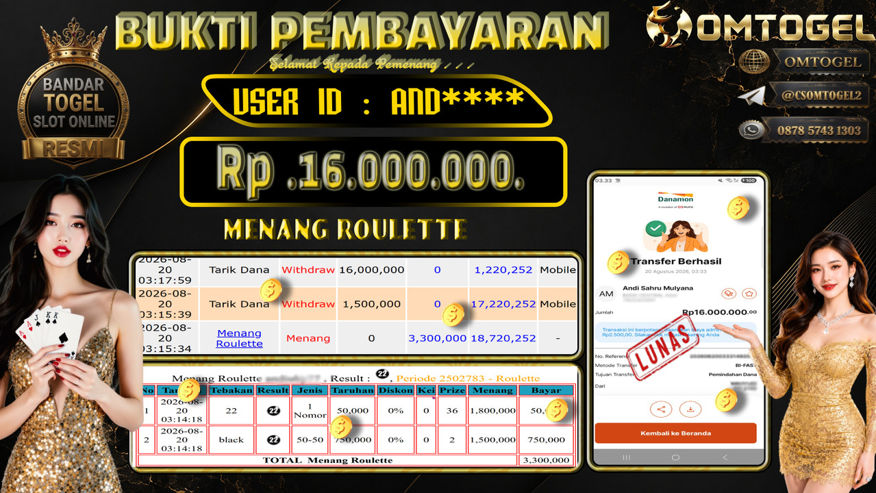 OMTOGEL JACKPOT MENANG ROULETTE Rp,16,000,000,- DIBAYAR LUNAS