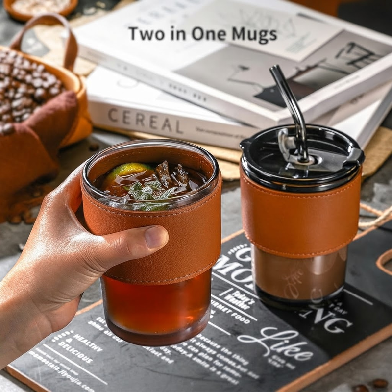 Glass Coffee Mug with Straw and Leather Sleeve