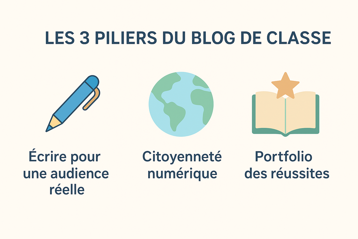 Infographie montrant 3 icônes : un stylo pour 'Écrire pour une audience réelle', un globe pour 'Développer la citoyenneté numérique', et un livre ouvert pour 'Créer un portfolio de réussites'.
