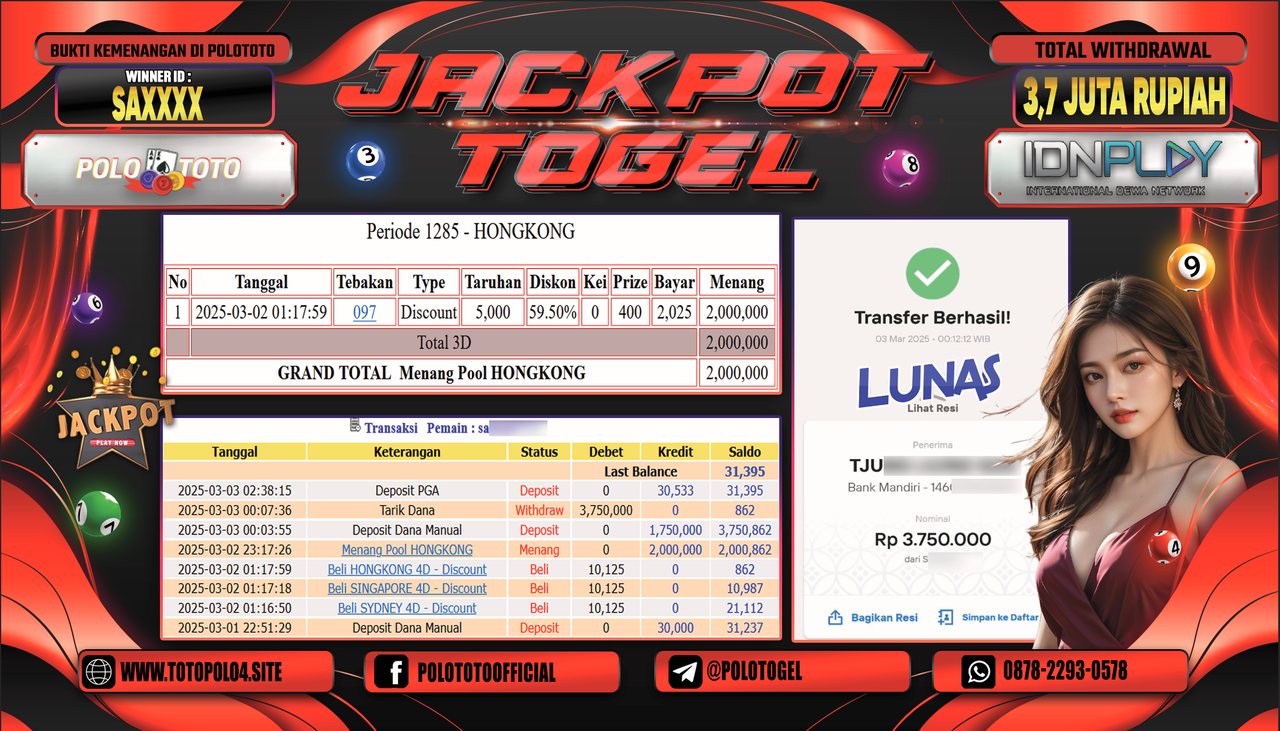 POLOTOTO JACKPOT TOGEL PASARAN HONGKONG Rp.3.750.000,-