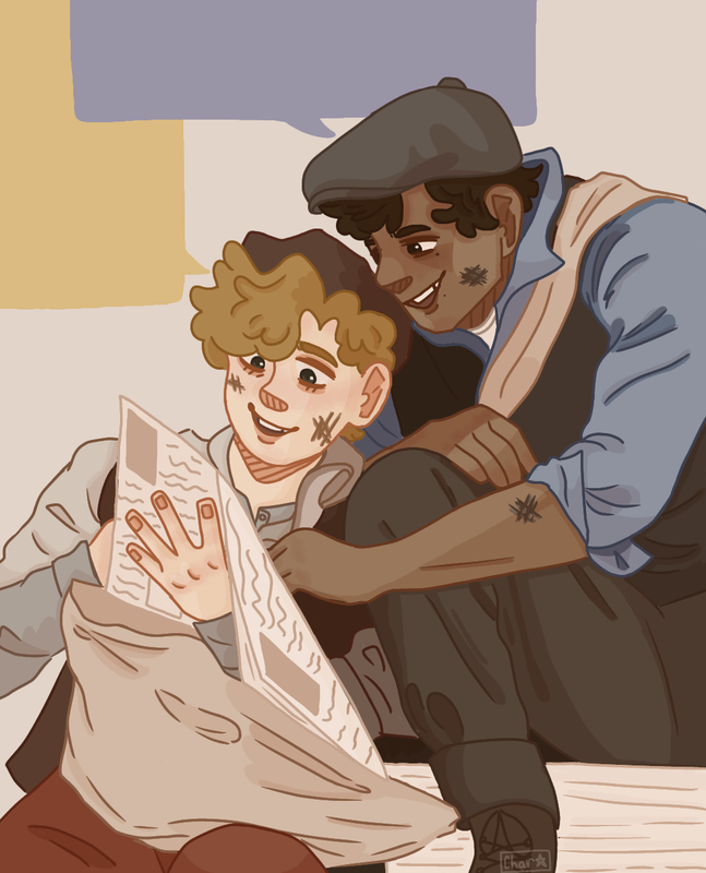 A digital drawing of Jack and Crutchie from Newsies, drawn as their Newsies Live (2012) interpretations. Jack looks over Crutchie's shoulder, pointing to a newspaper in Crutchie's hands, the two of them sitting close together and smiling. Each of them have a speech bubble behind them, Jack's being blue, and Crutchie's being yellow.