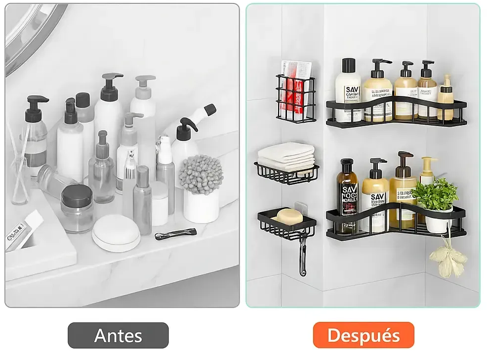 Antes y después con organizador de baño adhesivo