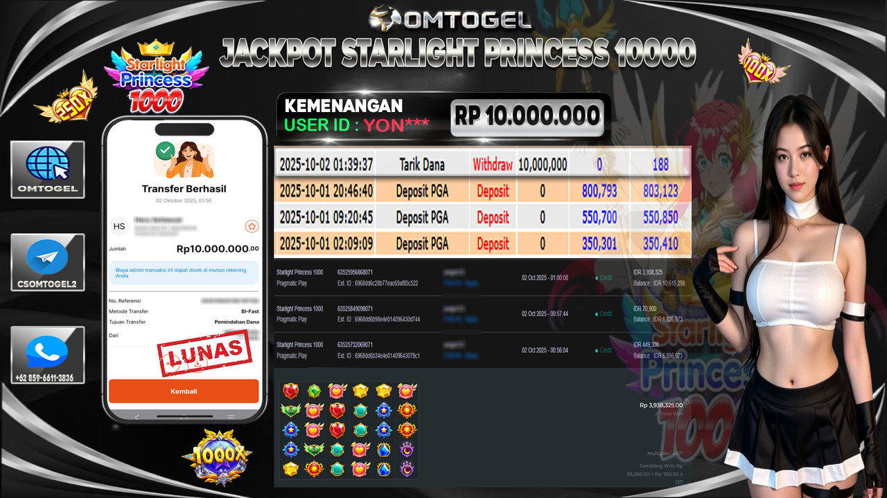 OMTOGEL JACKPOT PRAGMATIC PLAY STARLIGHT PRINCESS 1000 10 JUTA DI BAYAR LUNAS ,-