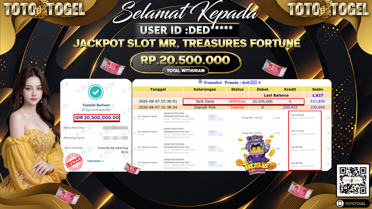 Bukti Pembayaran Jackpot SLOT MR, TREASURES FORTUNE ID:DED**** LUNAS