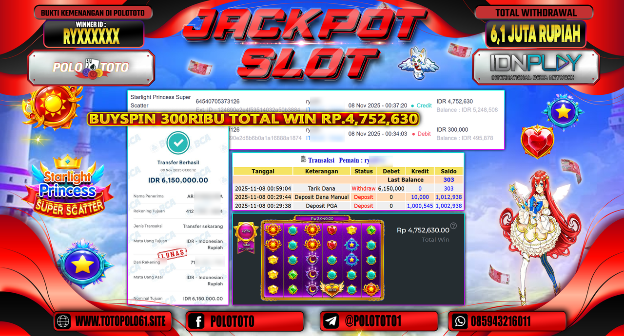 POLOTOTO JACKPOT SLOT STARLIGHT PRINCESS SUPER SCATTER Rp.6.100.000,- LUNAS