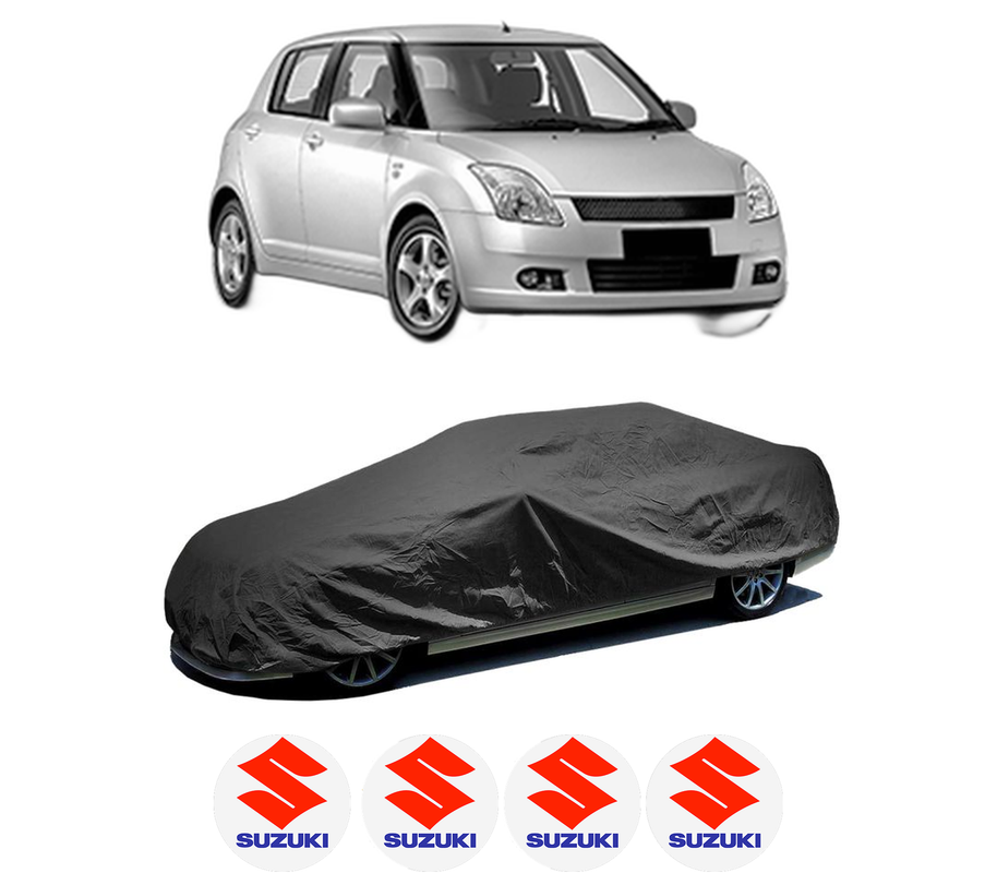 Husa tip prelata auto pentru SUZUKI SWIFT III (MZ, EZ) din 2005-2015, Culoare Negru, material textil impermeabil, rezistanta la intemperii praf UV, CARPASSION Husa Protectie, 4 Stickere auto cu SUZUKI