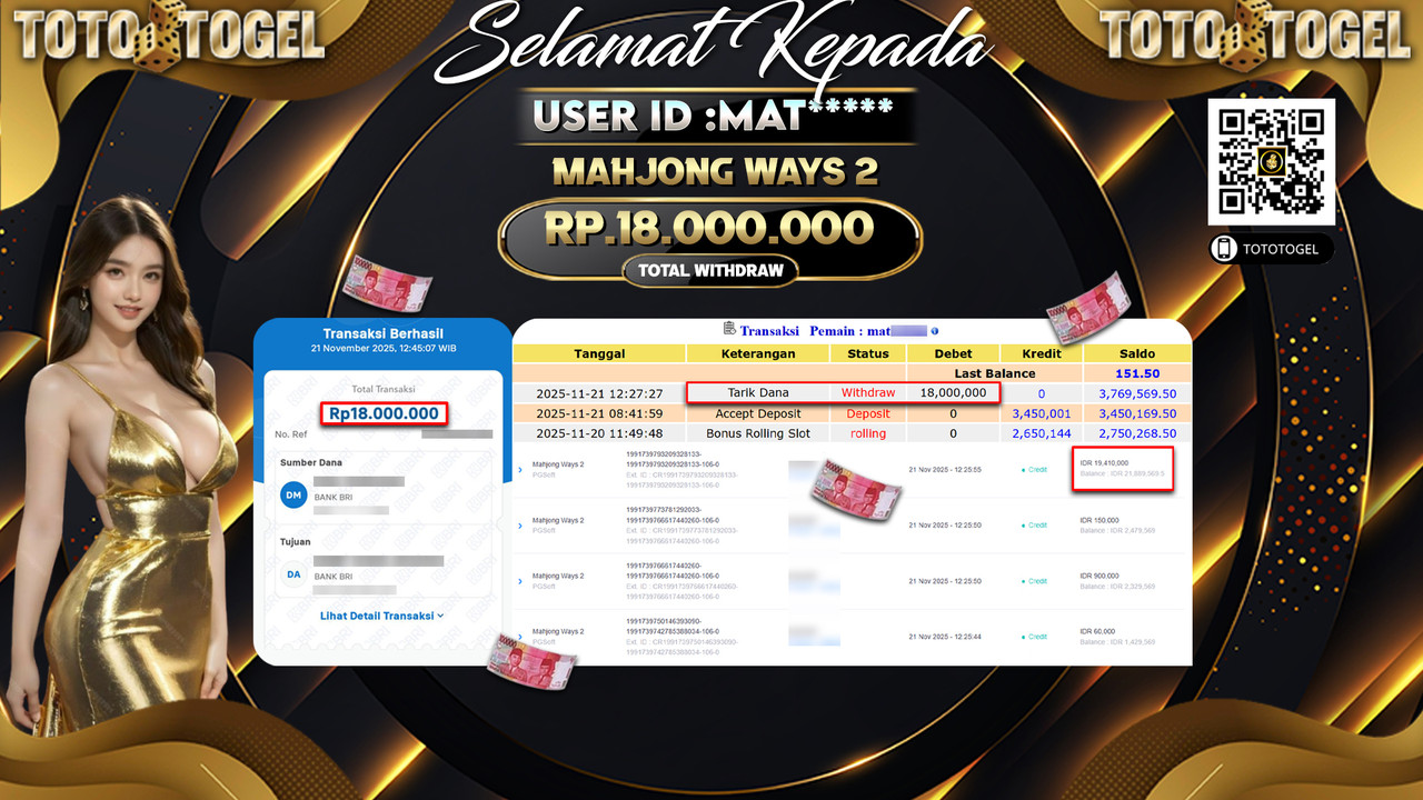 Bukti Pembayaran Jackpot Permainan Slot Mahjong Ways 2 ID:MAT***** LUNAS