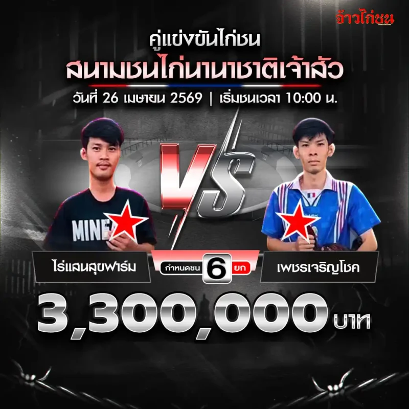 ไร่แสนสุขฟาร์ม พบ เพชรเจริญโชค โปรแกรมไก่ชน สนามชนไก่นานาชาติเจ้าสัว วันที่ 26 เมษายน 2569