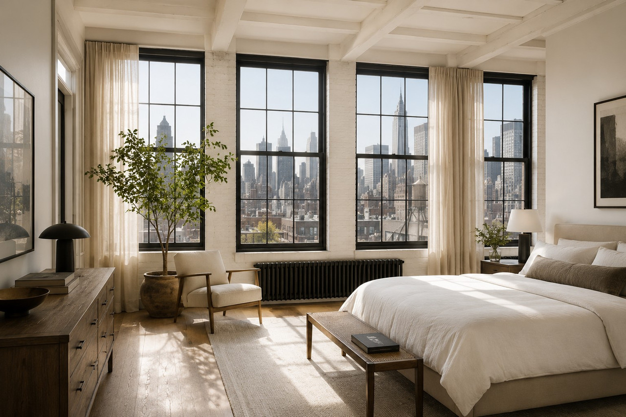 Bright bedroom with New York city view in a modern residence