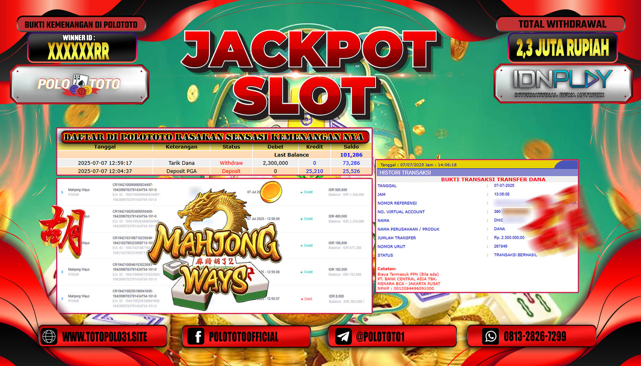 POLOTOTO JACKPOT SLOT MAHJONG WAYS Rp.2.300.000,- LUNAS