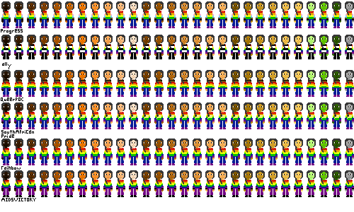 a row of people with pride flag shirts and very dark gray hair