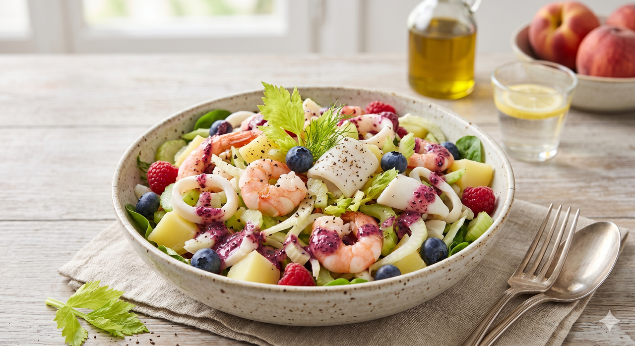 Insalata di Mare al Vapore con Dressing alla Miscela Bacche