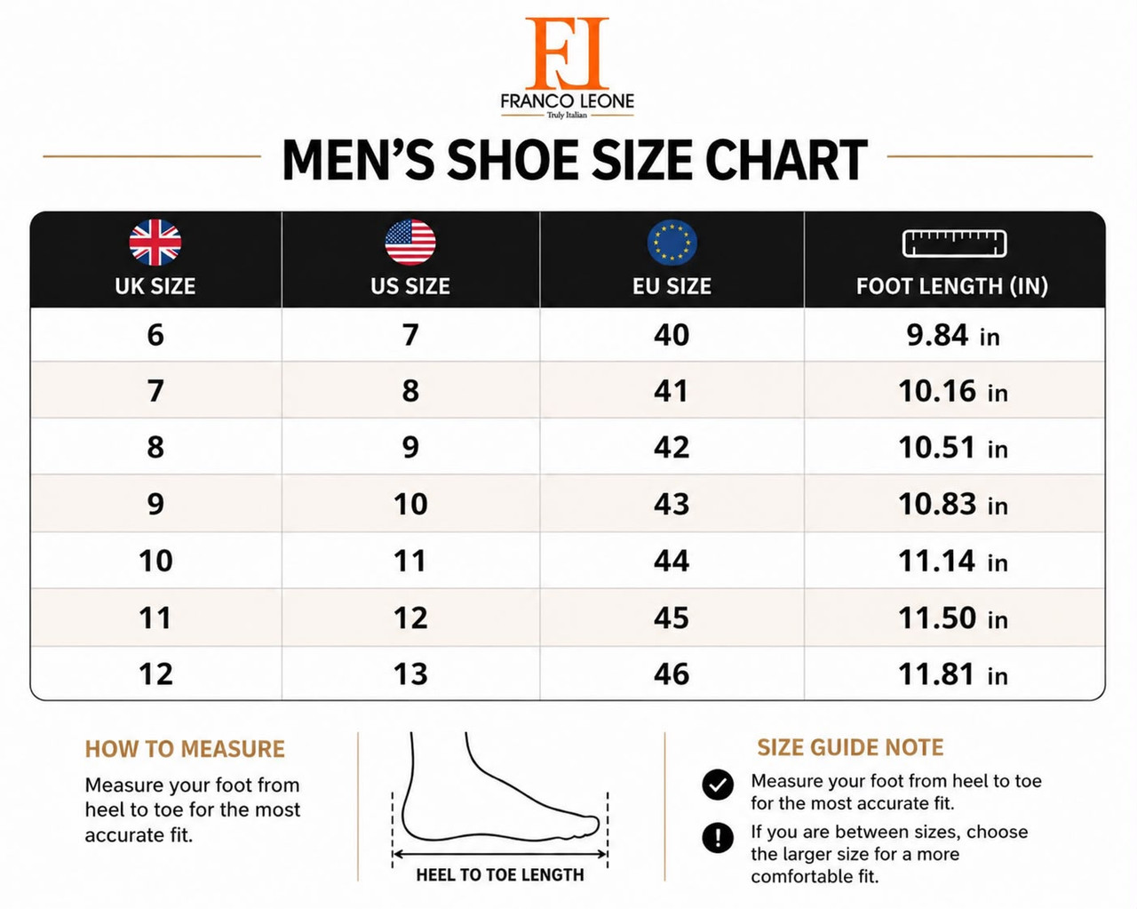 Size chart Inch