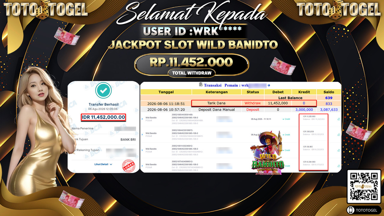 Bukti Pembayaran Jackpot SLOT WILD BANDITO ID:WRK**** LUNAS