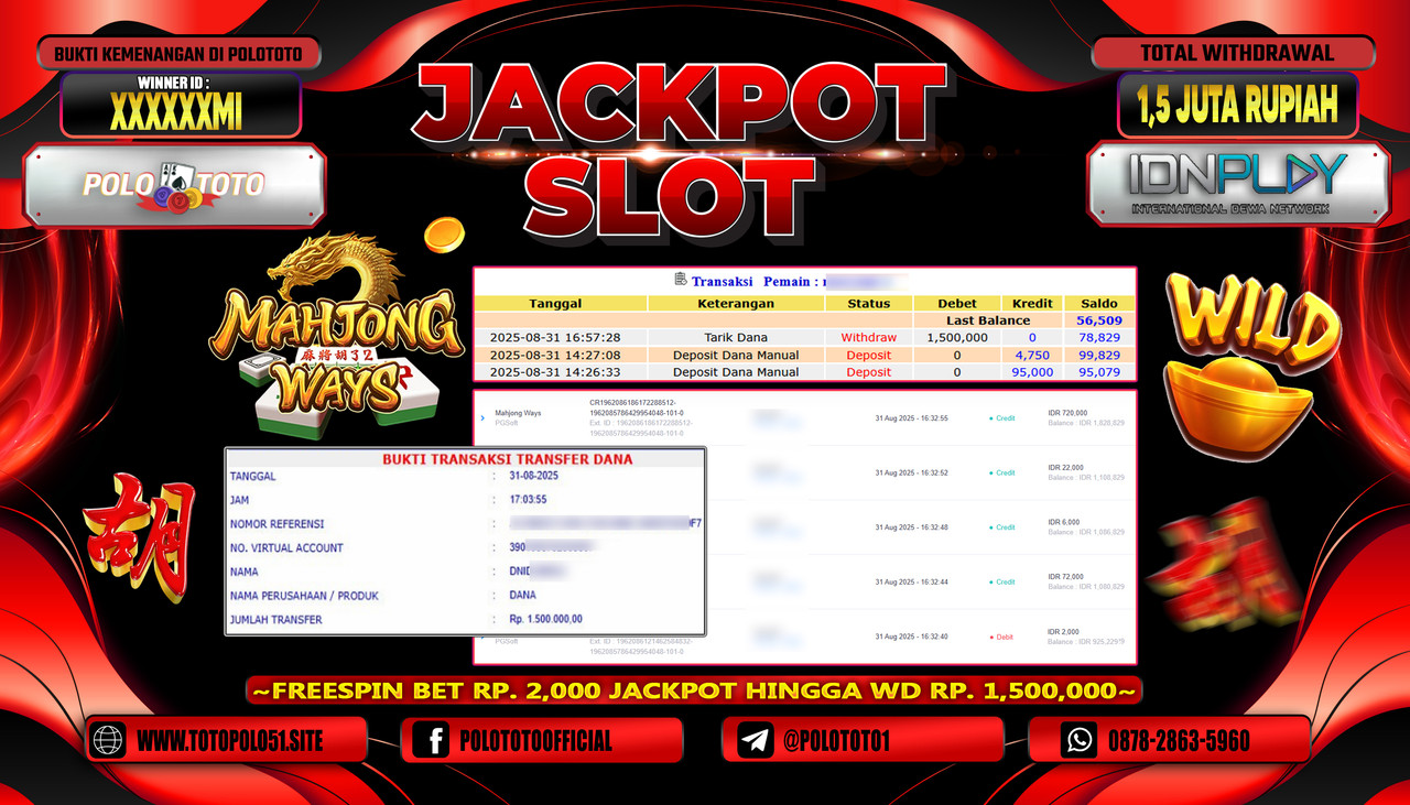 POLOTOTO JACKPOT SLOT MAHJONG WAYS Rp.1.500.000,- LUNAS