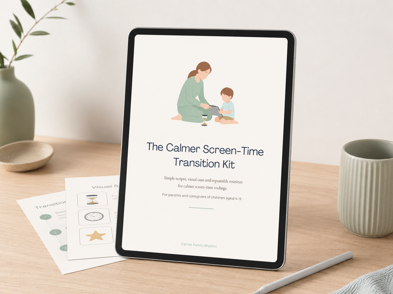 The Calmer Screen-Time Transition Kit displayed on a tablet screen