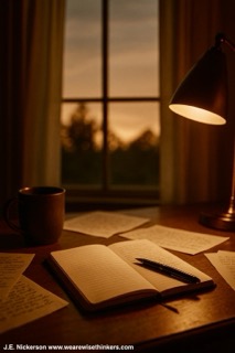 A warmly lit writing desk at dawn with an open notebook, pen, and coffee mug. Handwritten pages are scattered across the table. A desk lamp glows softly while pale morning light filters in through the window, creating a mood of calm focus and persistence.