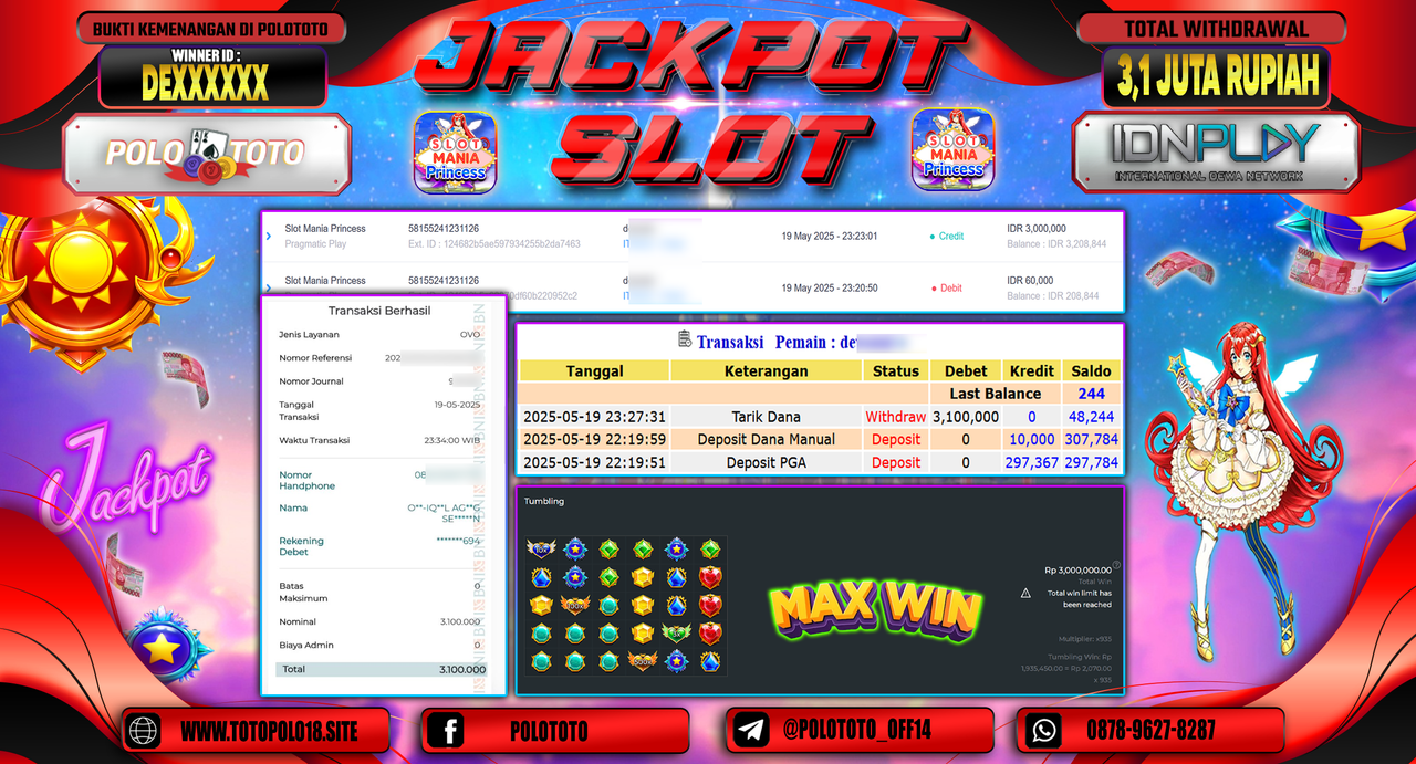 POLOTOTO JACKPOT SLOT MANIA PRINCESS Rp.3.100.000,-