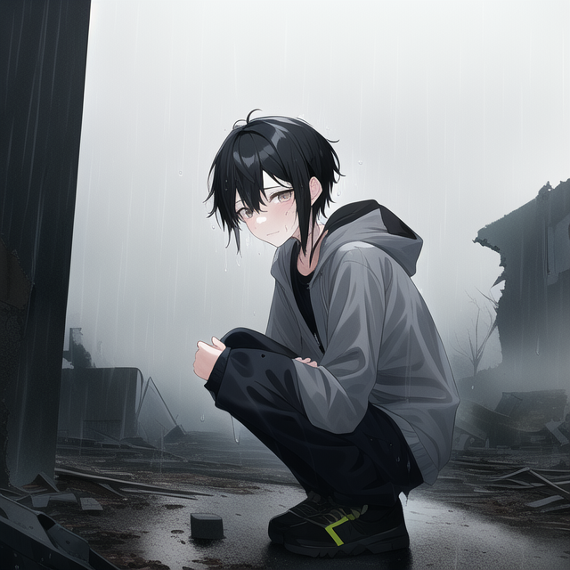 Best quality, masterpiece, small breasts, dramatic angle, wet clothes, gray hood s-1706981760