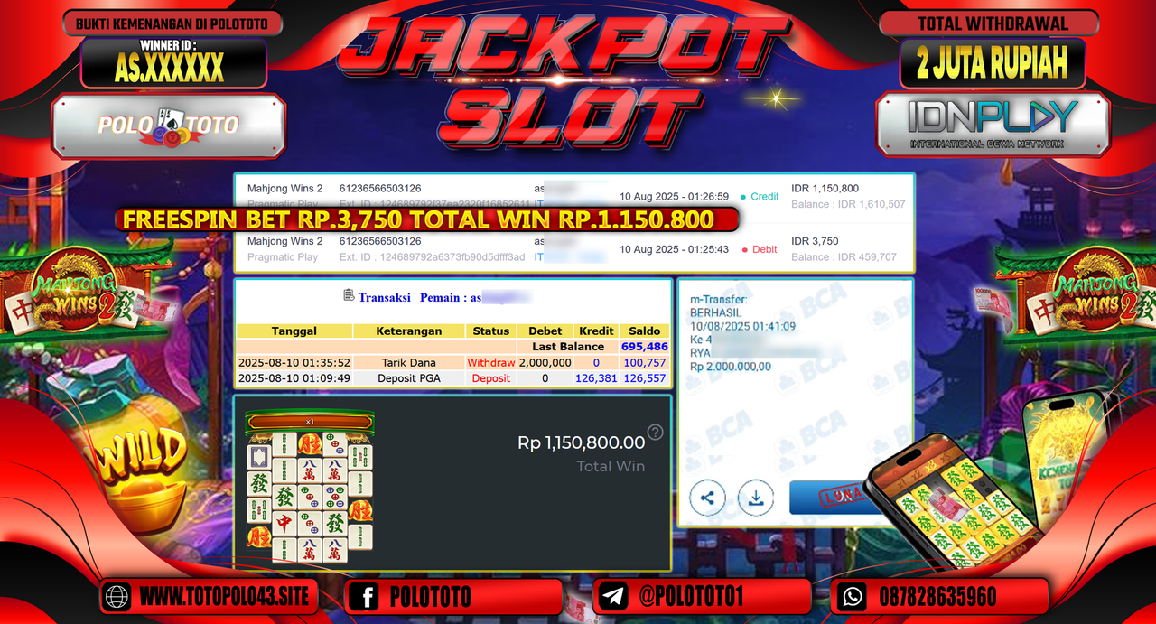 POLOTOTO JACKPOT SLOT MAHJONG WINS 2 Rp.2.000.000,-LUNAS