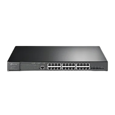 Switch TP-Link TL-SG3428XMP com o logo Omada SDN, indicando gerenciamento centralizado na nuvem.