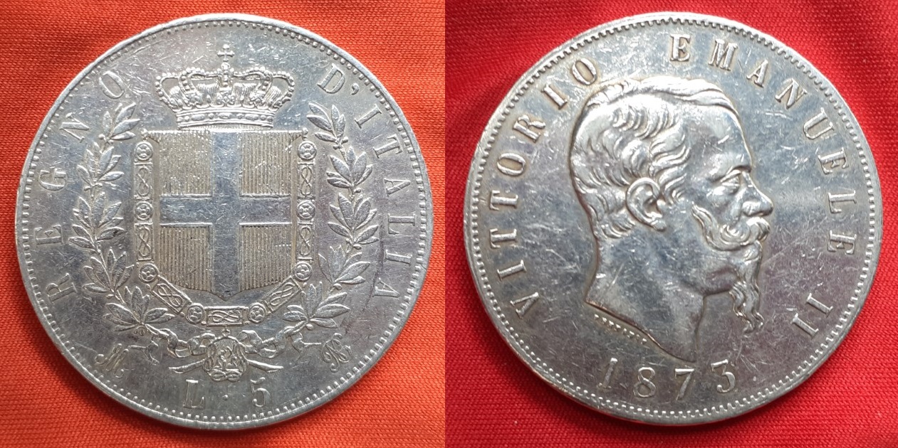 Italia, 5 lire, 1873 Italia-5-liras-1873-25gr