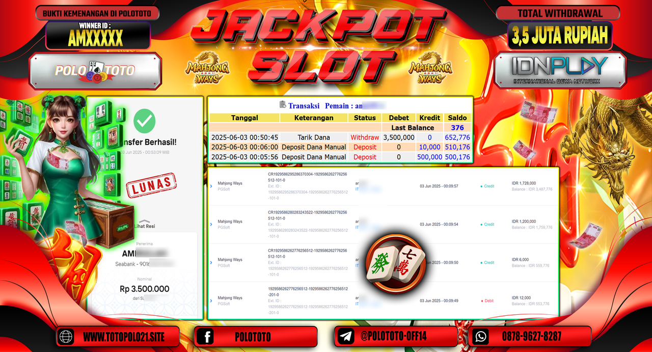 POLOTOTO JACKPOT SLOT MAHJONG WAYS Rp.3.500.000,-