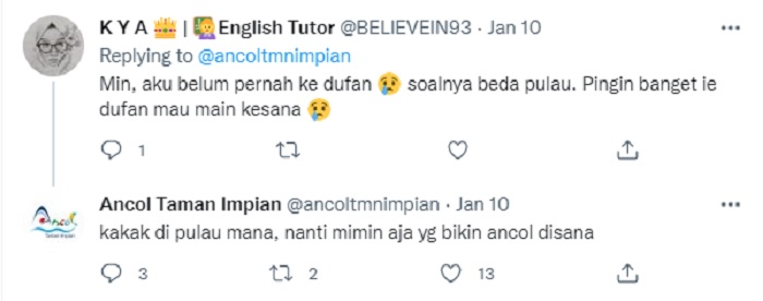 Jawaban kocak admin Twitter Ancol dalam menanggapi komentar warganet terkait spirit doll di Dufan.